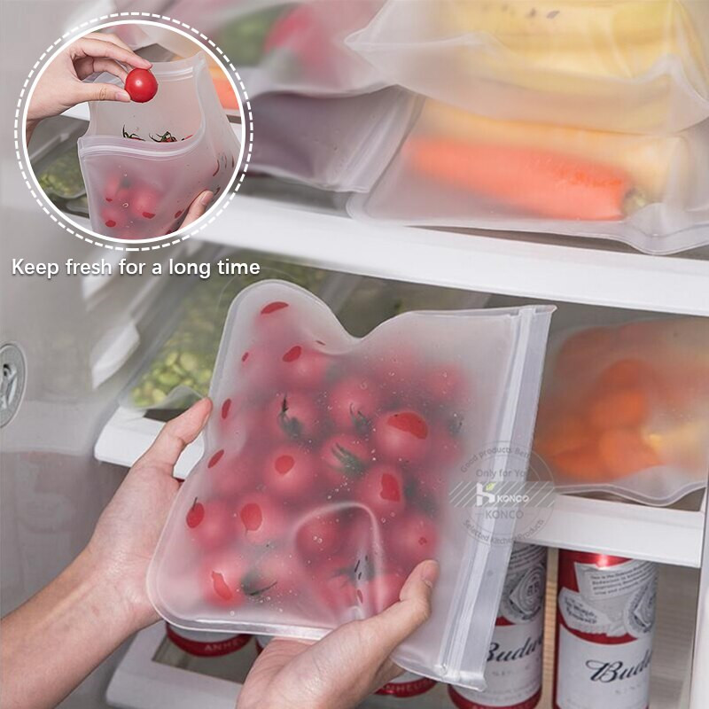 Pungă reutilizabilă din silicon pentru depozitarea alimentelor Konco, pungă pentru congelator, pungi rezistente la scurgeri, cu fermoar, organizator de bucătărie, ambalaj pentru păstrarea în stare proaspătă