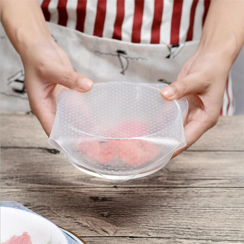 4 vnt./rinkinys Daugkartinio naudojimo silikoniniai tamprūs dangteliai dubuo Maisto dangtelis Vakuuminis įvynioklis Maisto saugojimo talpyklos dangtelis Šviežiai laikomi dangčiai Virtuvė