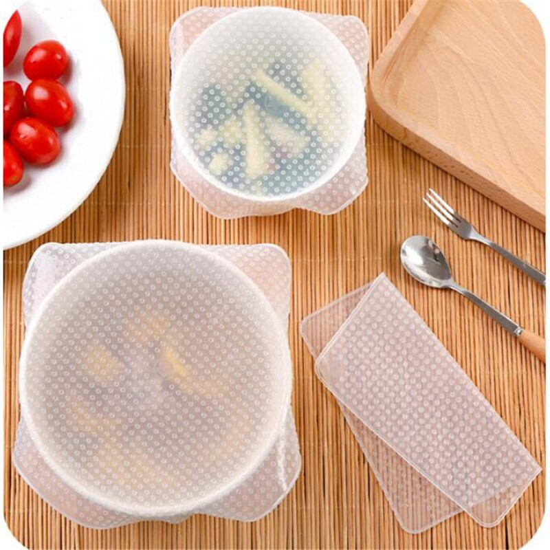 4 vnt./rinkinys Daugkartinio naudojimo silikoniniai tamprūs dangteliai dubuo Maisto dangtelis Vakuuminis įvynioklis Maisto saugojimo talpyklos dangtelis Šviežiai laikomi dangčiai Virtuvė