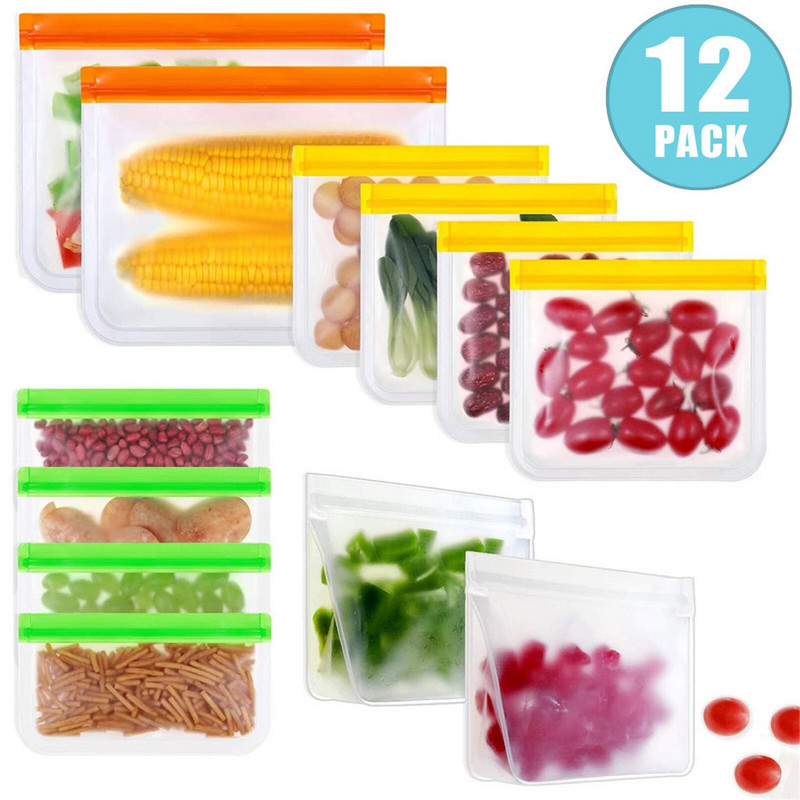 12 DB Újrafelhasználható szilikon tárolótasak Ziplock Ebédfagyasztó zsákok Élelmiszerekhez Pácolt Hús Gyümölcs Gabona Vízálló zacskó BPA mentes