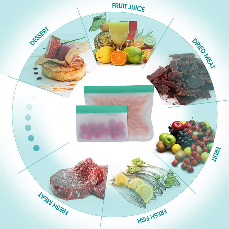12 DB Újrafelhasználható szilikon tárolótasak Ziplock Ebédfagyasztó zsákok Élelmiszerekhez Pácolt Hús Gyümölcs Gabona Vízálló zacskó BPA mentes