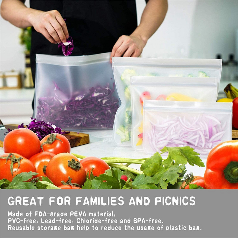 12 DB Újrafelhasználható szilikon tárolótasak Ziplock Ebédfagyasztó zsákok Élelmiszerekhez Pácolt Hús Gyümölcs Gabona Vízálló zacskó BPA mentes