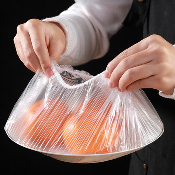 100PCS Покривало за храна за еднократна употреба Найлоново опаковане Кухненска чанта за съхранение на свежест Регулируемо покритие за плодове Кухня Запечатано консервиране