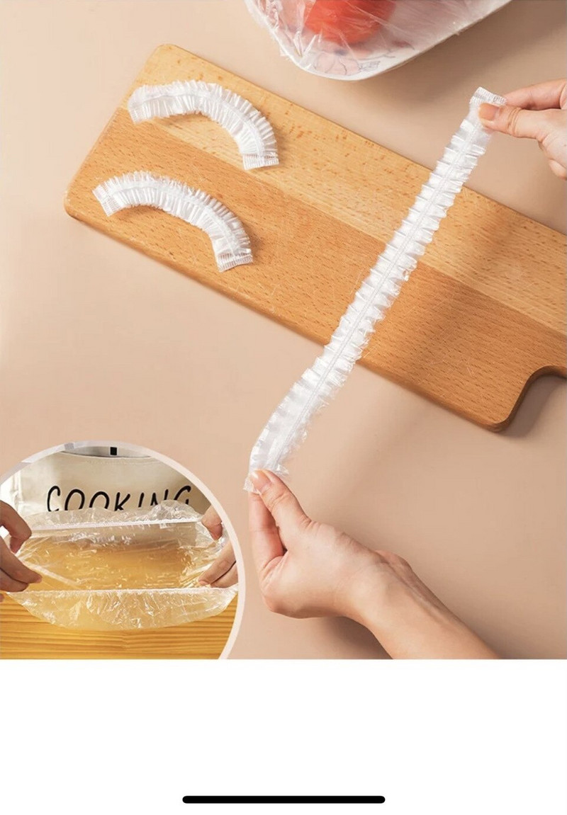 100 vnt. vienkartinis maisto dangtelis virtuvė šaldytuvas vaisinis maistas, tamprus, likučiai, apsauga, dulkėms atsparūs dubenys, puodeliai, dangteliai, maišelis