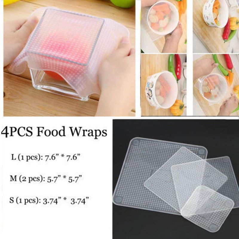 4db / készlet Szilikon élelmiszercsomagolás Újrafelhasználható Keep Fresh Food Saran Wrap edény vákuum tömítés fedő sztreccs konyhai kiegészítők