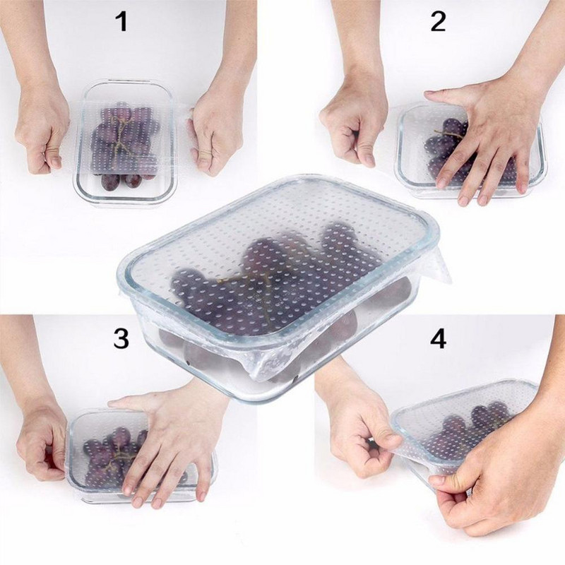 4db / készlet Szilikon élelmiszercsomagolás Újrafelhasználható Keep Fresh Food Saran Wrap edény vákuum tömítés fedő sztreccs konyhai kiegészítők