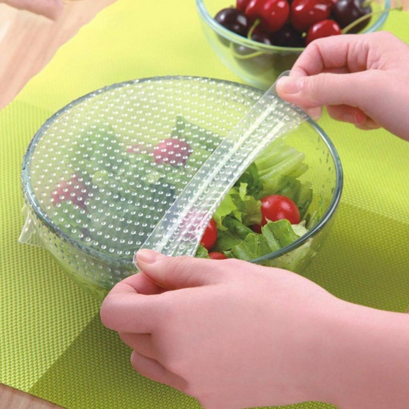 4db / készlet Szilikon élelmiszercsomagolás Újrafelhasználható Keep Fresh Food Saran Wrap edény vákuum tömítés fedő sztreccs konyhai kiegészítők