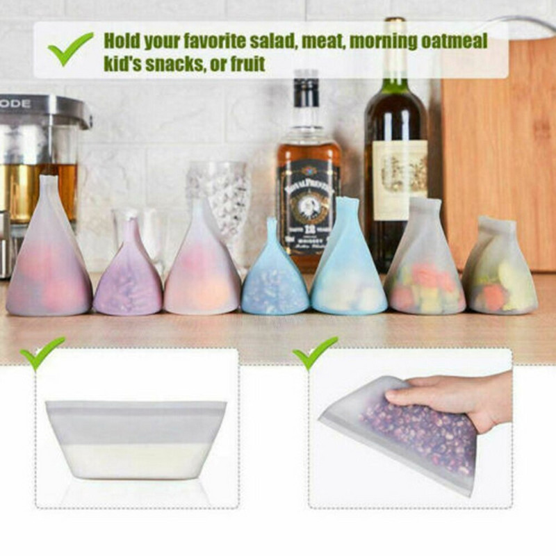 8 bucăți/set pungă cu fermoar pentru alimente din silicon, pungă reutilizabilă pentru păstrarea în stare proaspătă pentru fructe și legume.