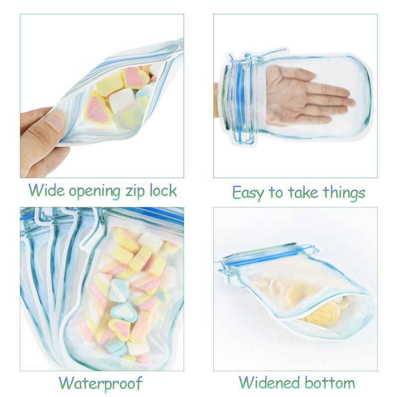 5/10db Újrafelhasználható befőttesüveges cipzáras zacskók Álló ételtároló snack zacskók Vízálló tömítés Friss konyhai rendszerező Ziplock palackok