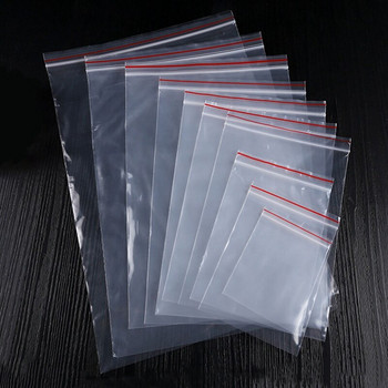 100 τμχ/παρτίδα Διαφανείς σφραγιστικές τσάντες Πλαστικές τσάντες συσκευασίας με αυτοπρεσάρισμα επανασφραγιζόμενες με φερμουάρ Κλείδωμα τροφίμων Διάφορες σφραγισμένες σακούλες