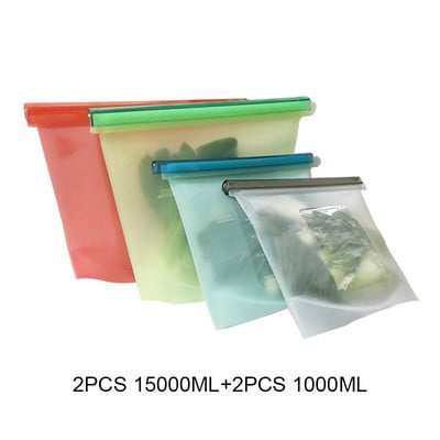 WLMALL 4 DB 1000 ml / 1500 ml szilikon zacskó Újrahasználható szilikon élelmiszertáska Zero Waste Ziplock élelmiszertároló táska Hűtőszekrény friss zacskók