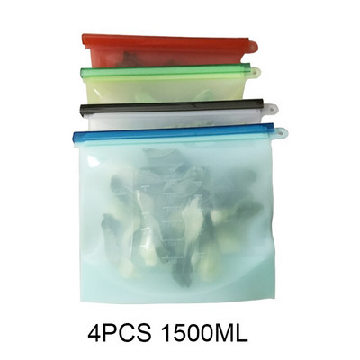 WLMALL 4 DB 1000 ml / 1500 ml szilikon zacskó Újrahasználható szilikon élelmiszertáska Zero Waste Ziplock élelmiszertároló táska Hűtőszekrény friss zacskók