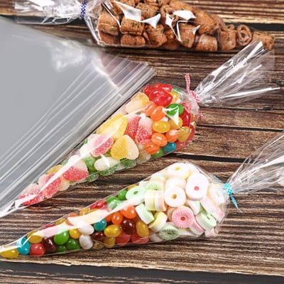 50/100/200Pcs Clear Cellofane Packing Bag Candy Cone bag Τσάντα δώρου Γλυκό ποπ κορν Πλαστική τσάντα συσκευασία Γάμος γενεθλίων