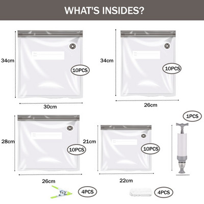 Vákuumos lezáró cipzáras zacskók, kétrétegű vákuumfőzéshez újrafelhasználható Sous Vide táska, élelmiszertároló konyha tömítőkapcsokkal, kézi szivattyú