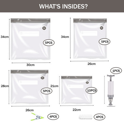 Vákuumos lezáró cipzáras zacskók, kétrétegű vákuumfőzéshez újrafelhasználható Sous Vide táska, élelmiszertároló konyha tömítőkapcsokkal, kézi szivattyú