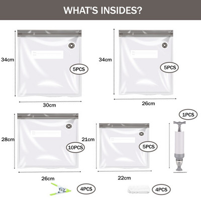 Vákuumos lezáró cipzáras zacskók, kétrétegű vákuumfőzéshez újrafelhasználható Sous Vide táska, élelmiszertároló konyha tömítőkapcsokkal, kézi szivattyú