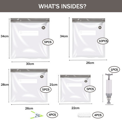 Vákuumos lezáró cipzáras zacskók, kétrétegű vákuumfőzéshez újrafelhasználható Sous Vide táska, élelmiszertároló konyha tömítőkapcsokkal, kézi szivattyú