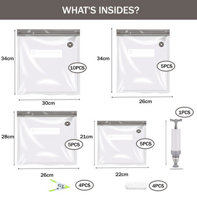 Vákuumos lezáró cipzáras zacskók, kétrétegű vákuumfőzéshez újrafelhasználható Sous Vide táska, élelmiszertároló konyha tömítőkapcsokkal, kézi szivattyú