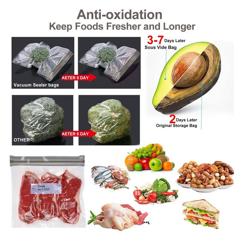 Vákuumos lezáró cipzáras zacskók, kétrétegű vákuumfőzéshez újrafelhasználható Sous Vide táska, élelmiszertároló konyha tömítőkapcsokkal, kézi szivattyú