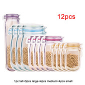 12 buc. Sticle reutilizabile Mason Borcane Saci Nuci Bomboane Biscuiti Pungă Sigiliu Pungă pentru depozitarea alimentelor proaspete Gustări Fermoar Organizator de bucătărie sigilat