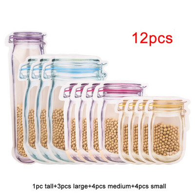 12 buc. Sticle reutilizabile Mason Borcane Saci Nuci Bomboane Biscuiti Pungă Sigiliu Pungă pentru depozitarea alimentelor proaspete Gustări Fermoar Organizator de bucătărie sigilat