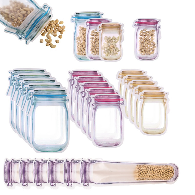 12 buc. Sticle reutilizabile Mason Borcane Saci Nuci Bomboane Biscuiti Pungă Sigiliu Pungă pentru depozitarea alimentelor proaspete Gustări Fermoar Organizator de bucătărie sigilat