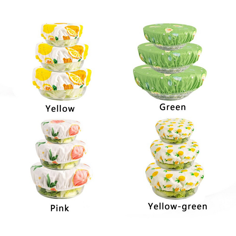 Bowl Stretch légmentes élelmiszer Ust fedők Újrafelhasználható Halo edényhuzatok 3db pamut nem szivárog friss tömítés porvédő kendő