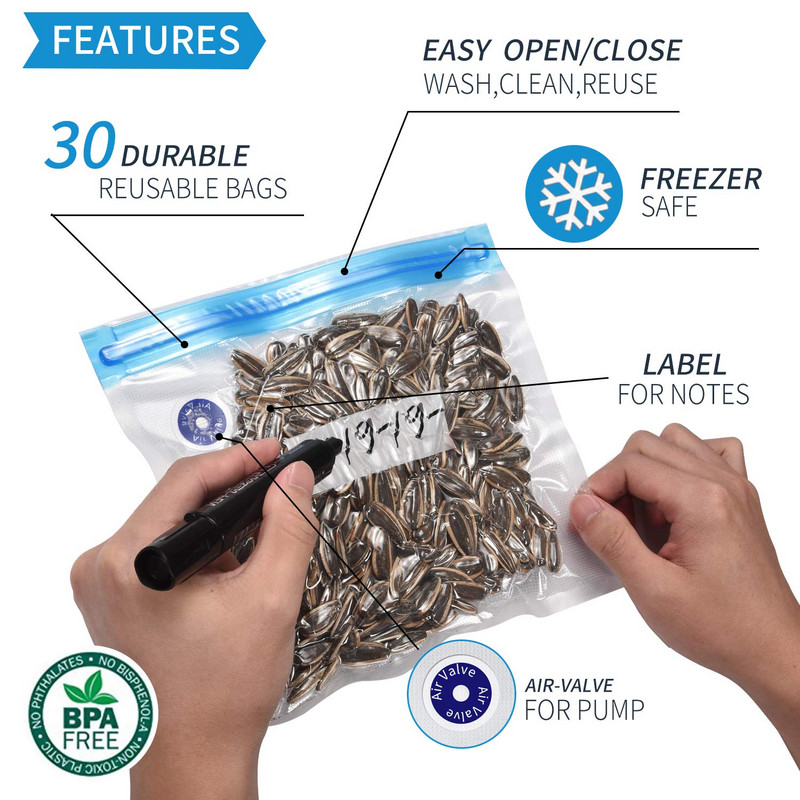 Vákuumos zacskókészletek Újrafelhasználható élelmiszer-tároló Vákuumos lezárású zacskók kézi pumpás zacskó tömítőkapcsokkal Élelmiszer-csomagolás élelmiszer-tároláshoz Fagyasztás