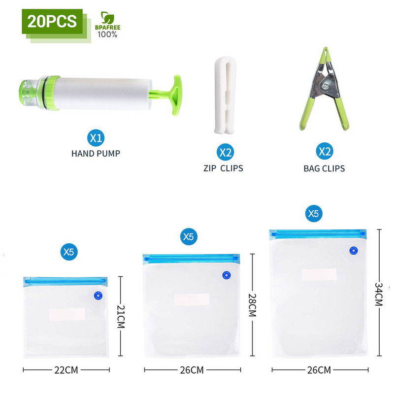 Vákuumos zacskókészletek Újrafelhasználható élelmiszer-tároló Vákuumos lezárású zacskók kézi pumpás zacskó tömítőkapcsokkal Élelmiszer-csomagolás élelmiszer-tároláshoz Fagyasztás