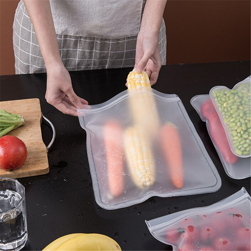 3 vnt. Daugkartinio naudojimo silikono maisto saugojimo maišelių talpyklės, nepralaidžios stovinčios užtrauktuku užsegamas maišelis puodelis Maisto šviežių įvyniojamų maišelių virtuvės organizatorius