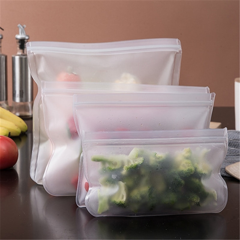 3 vnt. Daugkartinio naudojimo silikono maisto saugojimo maišelių talpyklės, nepralaidžios stovinčios užtrauktuku užsegamas maišelis puodelis Maisto šviežių įvyniojamų maišelių virtuvės organizatorius