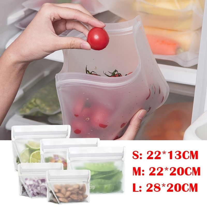 3 vnt. Daugkartinio naudojimo silikono maisto saugojimo maišelių talpyklės, nepralaidžios stovinčios užtrauktuku užsegamas maišelis puodelis Maisto šviežių įvyniojamų maišelių virtuvės organizatorius