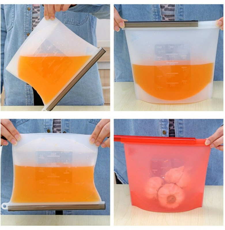 1500 ml/1000 ml / 500 ml újrafelhasználható szilikon élelmiszertáska Ziplock táska gyümölcs hús tej tároló edény Hűtőszekrény friss zacskók rendszerező