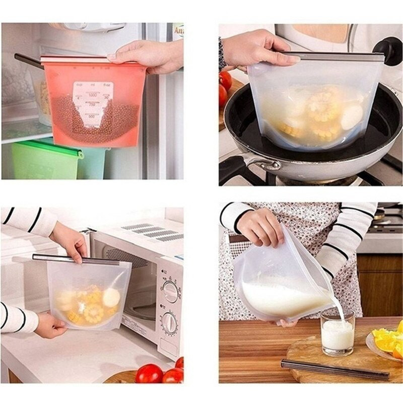 1500 ml/1000 ml / 500 ml újrafelhasználható szilikon élelmiszertáska Ziplock táska gyümölcs hús tej tároló edény Hűtőszekrény friss zacskók rendszerező