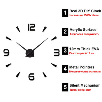 Голям стенен часовник Кварцов 3D Направи си сам Голям часовник Декоративни кухненски часовници Акрилен огледален стикер Огромни стенни часовници Домашен декор с букви