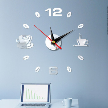 Домашен 3D огледален стенен часовник Самозалепващ се модерен заглушен акрилен арт Аналогова кухня Направи си сам Чаши за кафе Декор Водоустойчив