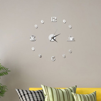 Домашен 3D огледален стенен часовник Самозалепващ се модерен заглушен акрилен арт Аналогова кухня Направи си сам Чаши за кафе Декор Водоустойчив