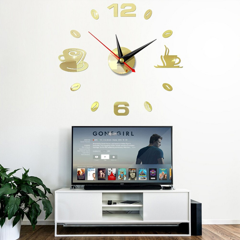 Pagrindinis 3D veidrodinis sieninis laikrodis Lipnus modernus tylus akrilo menas analoginis virtuvės „pasidaryk pats“ kavos puodeliai dekoras, atsparus vandeniui