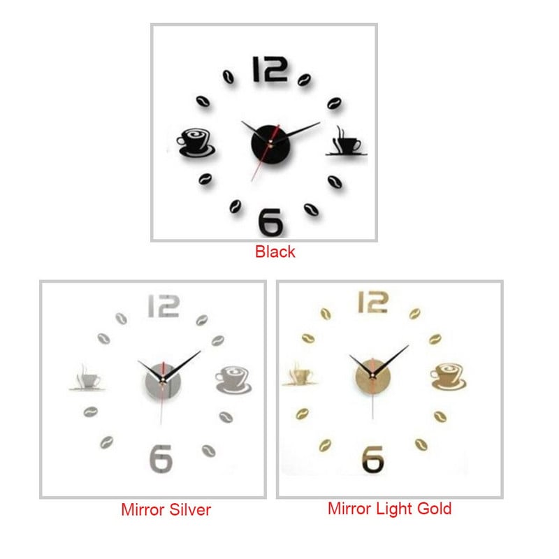 Pagrindinis 3D veidrodinis sieninis laikrodis Lipnus modernus tylus akrilo menas analoginis virtuvės „pasidaryk pats“ kavos puodeliai dekoras, atsparus vandeniui