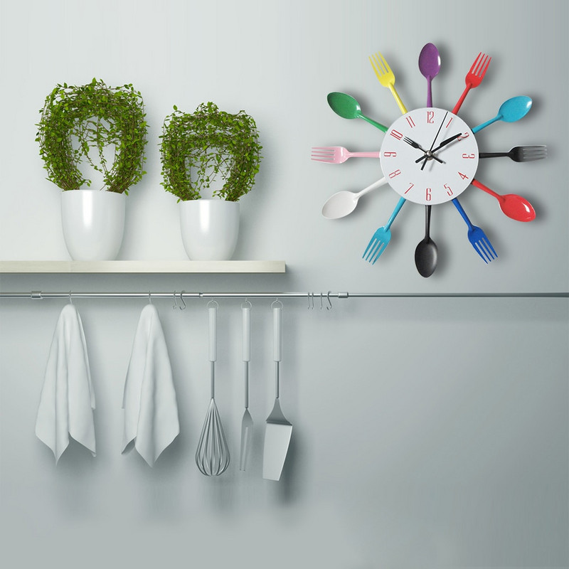 Akciós fém konyhai falióra Kreatív kvarc fali művészet evőeszközök szerelhető órák modern design lakberendezési horloge falfestmény