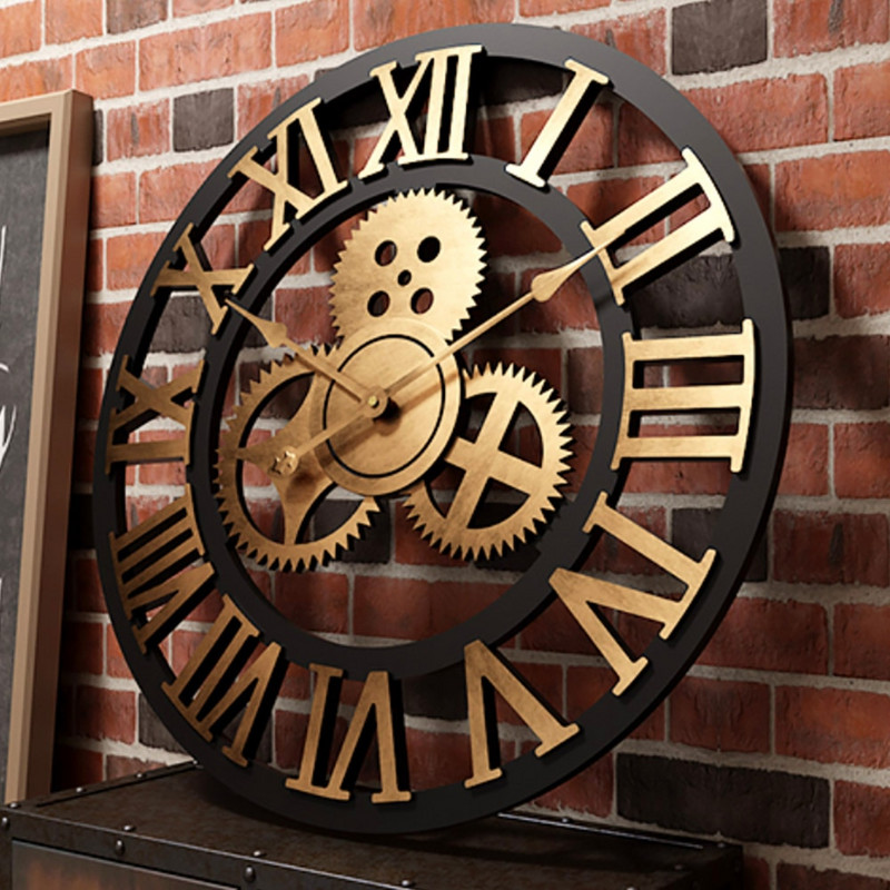 Gear Nagy falióra Modern dizájn órák Kvarc idő Némítás óra Fa dekoráció 3D Vintage Horloge Saat
