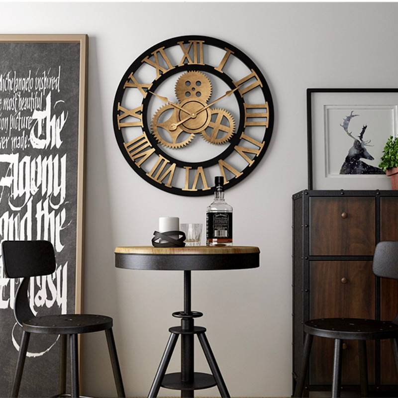 Gear Nagy falióra Modern dizájn órák Kvarc idő Némítás óra Fa dekoráció 3D Vintage Horloge Saat