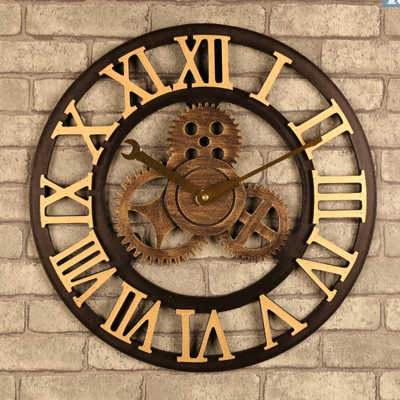 Gear Nagy falióra Modern dizájn órák Kvarc idő Némítás óra Fa dekoráció 3D Vintage Horloge Saat