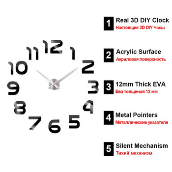 Голям стенен часовник стикер Акрилен безшумен цифров голям 3D Направи си сам стенен часовник Модерен дизайн за домашен декор на всекидневна