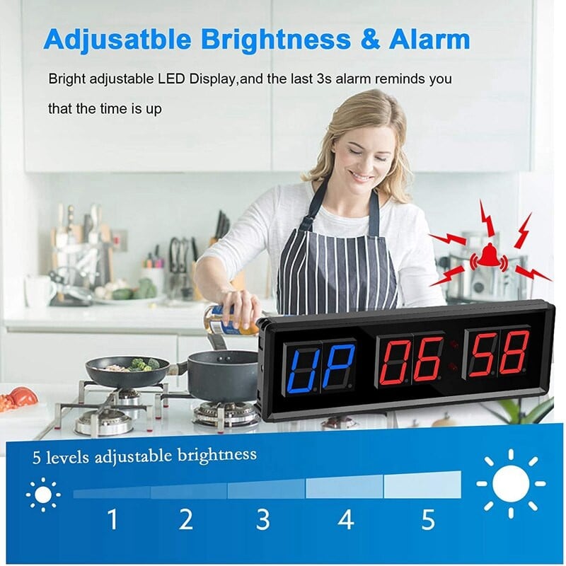 Sporto salės laikmatis, LED intervalo laikmatis Skaitmeninis atgalinės atskaitos sieninis laikrodis, fitneso laikmatis, 1,5 colio skaitmenų žemyn / aukštyn laikrodžio chronometras namuose