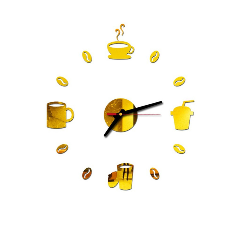 „Pasidaryk pats“ didelis sieninis laikrodis, berėmiai milžiniški laikrodžiai, veidrodinis lipdukas Modernaus dizaino kavinė, kavos, pieno gėrimo puodelis, sienos dekoras virtuvei