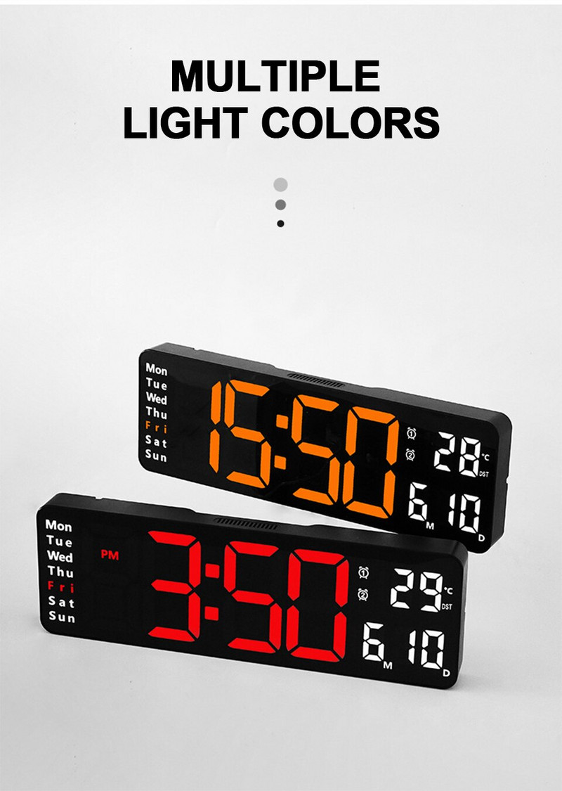 13 colių didelis LED skaitmeninis ekranas sieninis laikrodis Namų dekoravimas Nuotolinio valdymo pultas Temperatūra Laikas Data Savaitė Išjungimas Atminties laikmatis