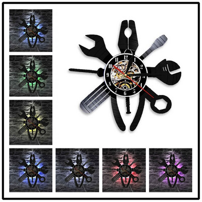 Ceas de perete atelier de reparații auto Design modern Service mecanic auto Ceasuri cu discuri de vinil cu ceas de perete cu LED în 7 culori Decor pentru casă