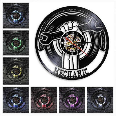 Ceas de perete atelier de reparații auto Design modern Service mecanic auto Ceasuri cu discuri de vinil cu ceas de perete cu LED în 7 culori Decor pentru casă