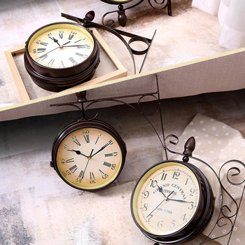 Ρετρό Περιστρεφόμενο ρολόι τοίχου διπλής όψης Μεταλλικό κρεμαστό ρολόι εξωτερικού χώρου /Διακόσμηση σπιτιού/κήπου Ευρωπαϊκό ρολόι δώρου Επιτοίχιο+Στήριγμα